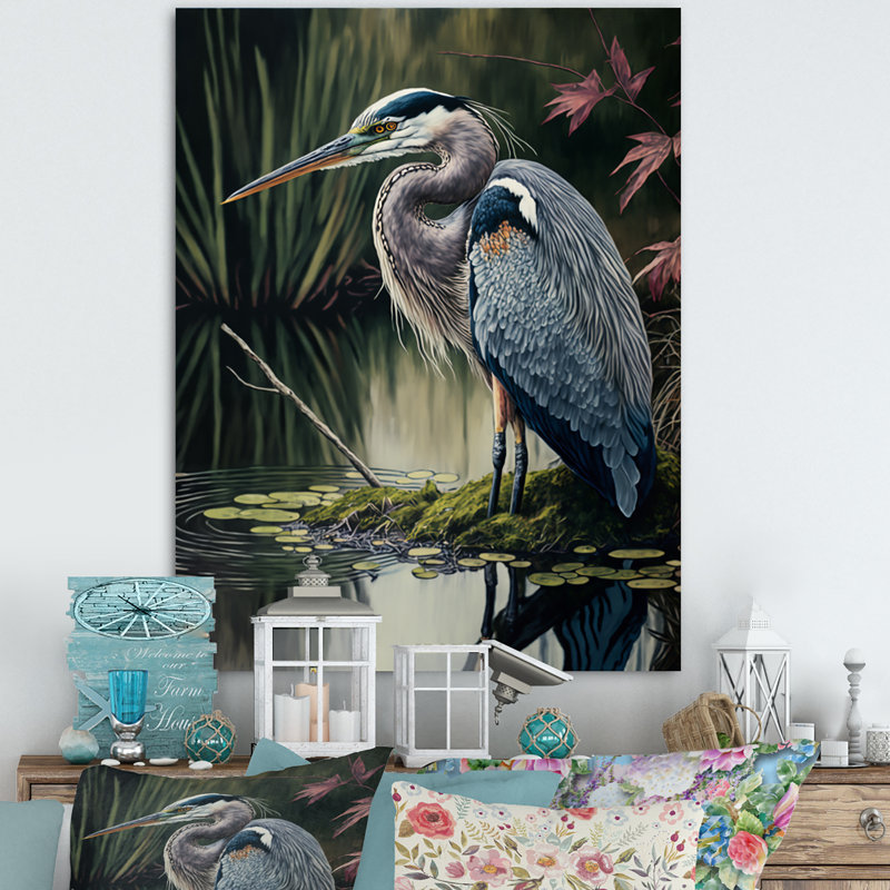 Héron au bord de la rivière - reproduction sur toile, H 20 po x l 12 po x P 1 po, Toile tendue