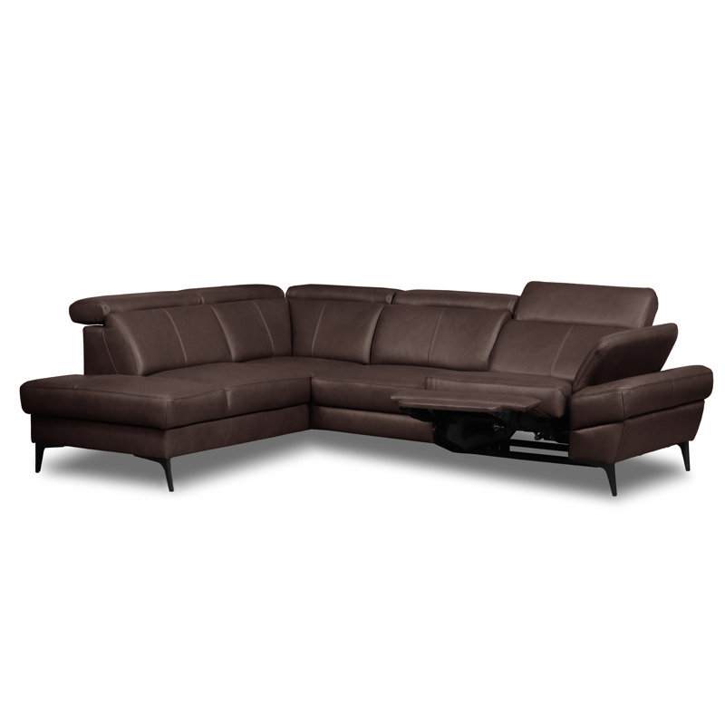 Genuine Leather Reclining Corner Sofa with Adjustable Headrests and Adjustable Armrest and Storage, Brown, Left Hand Facing