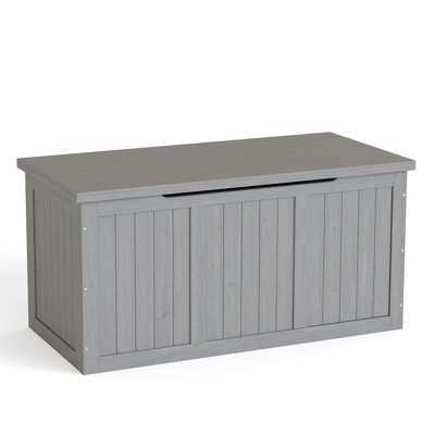 Solid Wood 67 Gallon Outdoor Deck Box With Hinged Lid For Easy Storage Of Patio Cushions, Pool , And Garden Tools, Grey, Stylish Functional Feature