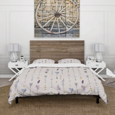 Boho Purple Arrows With White Flowers I - Bohemian Duvet Cover Set - Microfiber Polyester