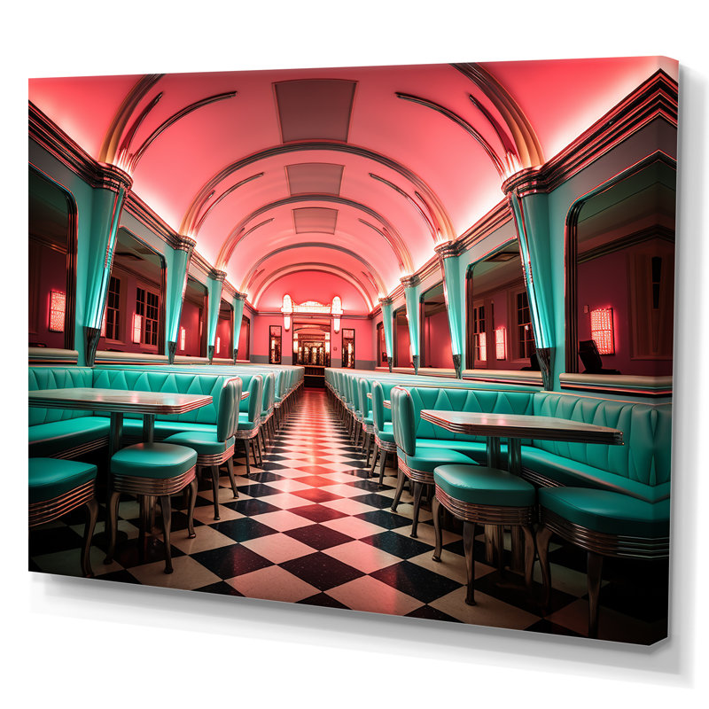 «Pink Nostalgic Tunes Fast Food 1960S Diner - Jukeboxes», art mural, Toile tendue, H 16 po x l 32 po x P 1 po