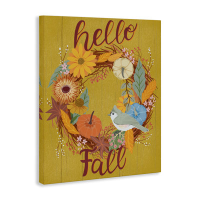 Hello Fall Bird Wreath Canvas Wall Art by Jo Reid