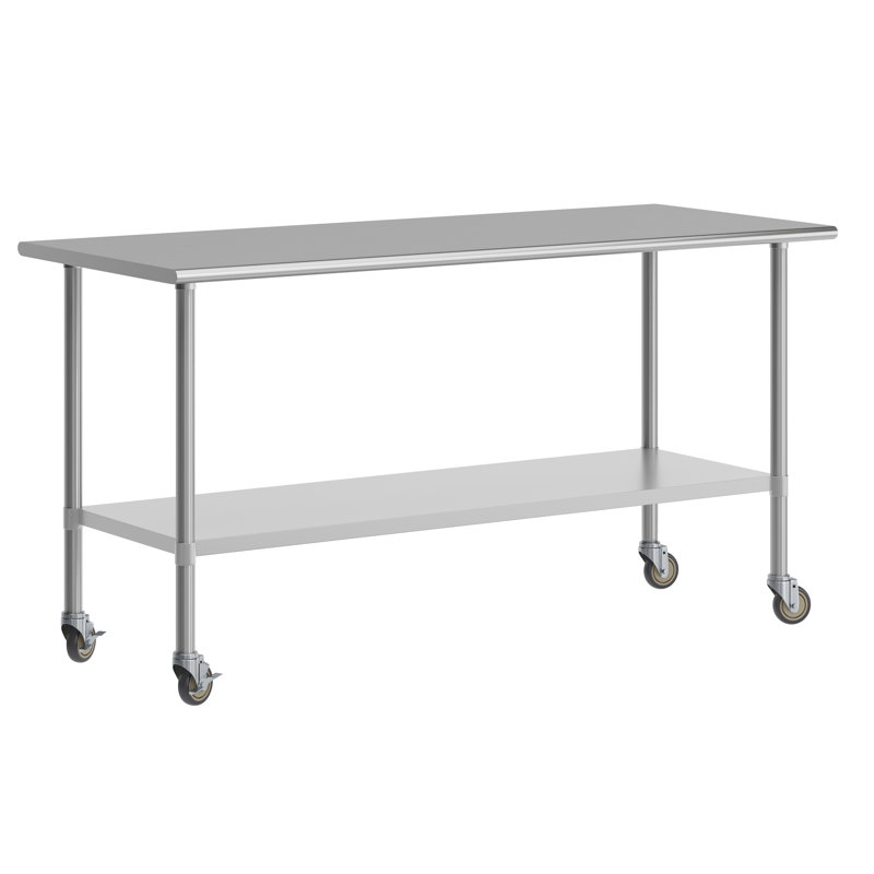 Table de travail commerciale en acier inoxydable de calibre 18 avec tablette et roulettes, H 34,5 po x L 72 po x l 30 po
