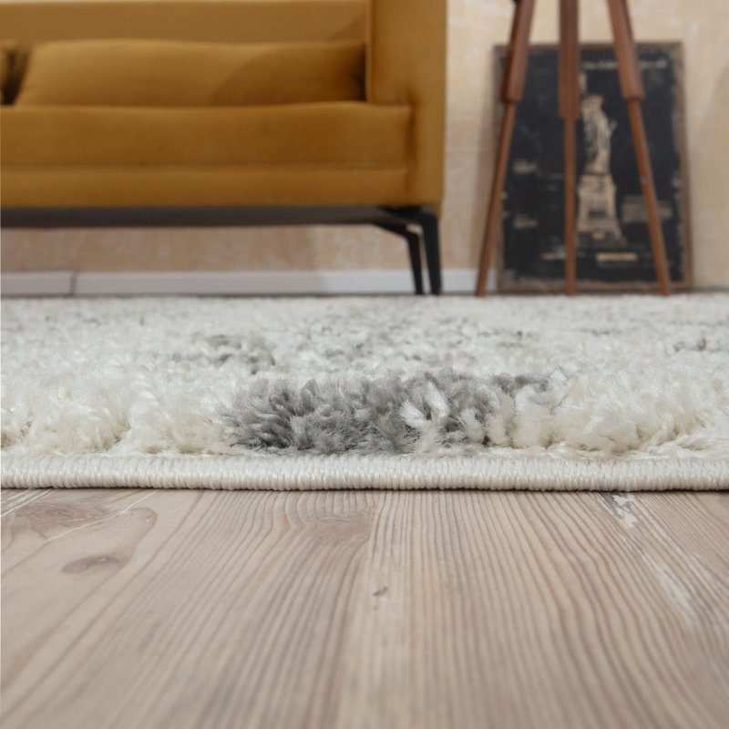 Moroccan Shaggy Collection Rugs Boho Design in Ivory/Grey, Rectangle 60 x 110cm