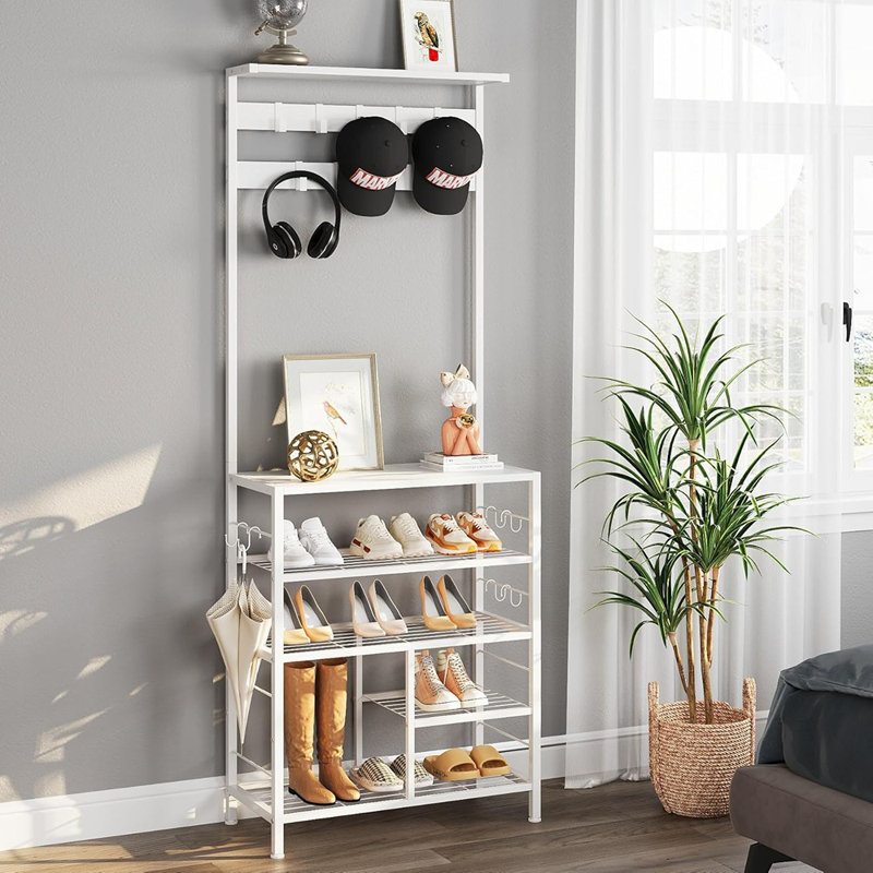 Portemanteau moderne à 5 niveaux - Porte-chaussures et portemanteau en bois blanc avec 9 crochets réglables en métal, organisateur de rangement d'entrée pour la maison, le bureau, le salon