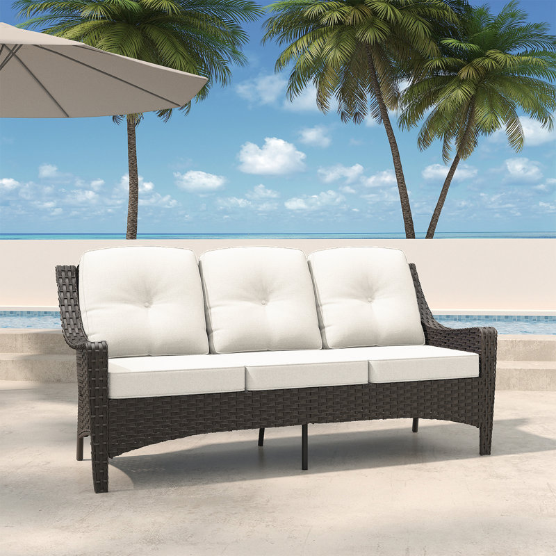 Canapé d'extérieur en osier 3 places avec assise profonde et coussins en oléfine - parfait pour la terrasse, le jardin ou la cour