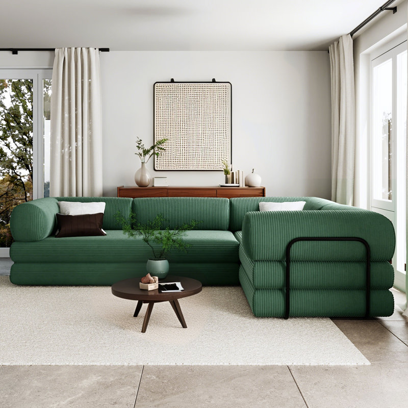 116'' L-Shaped Modular Corduroy Sofa Bed, Convertible Sleeper Compression Sofa for Living Rooms, Green Corduroy