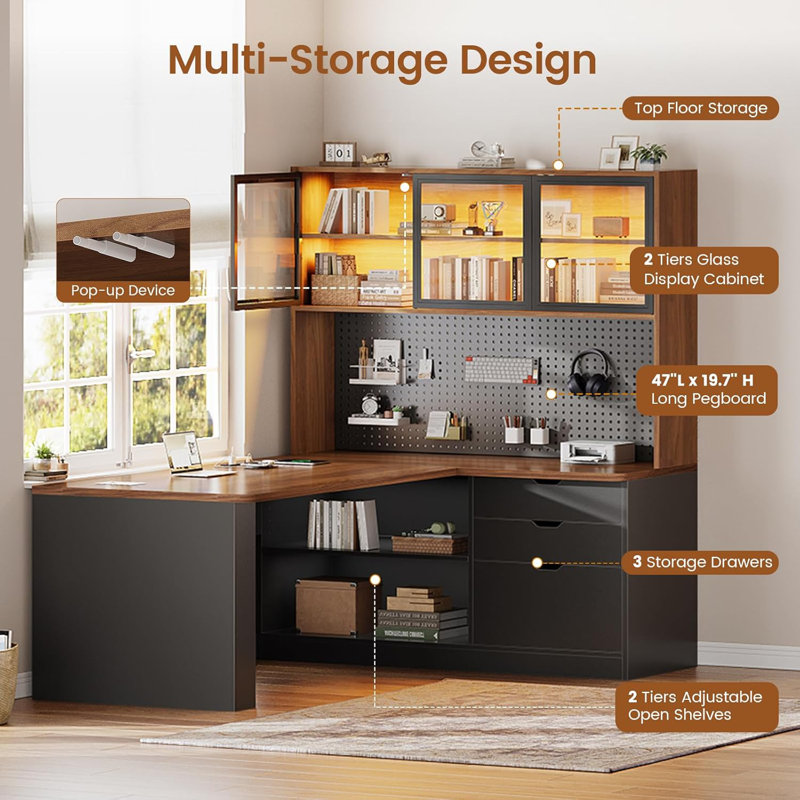 Larinda Metal Base Computer Desk with Power Outlet, Brown/Black
