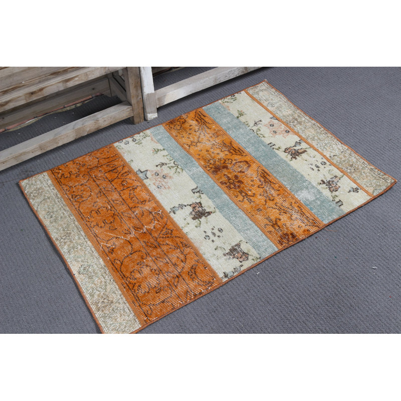 Small Vintage Turkish Patchwork Rug For Entry Featuring Orange Oushak Design And Hand Woven Abstract Detail For Unique Home Decor Floor Accent