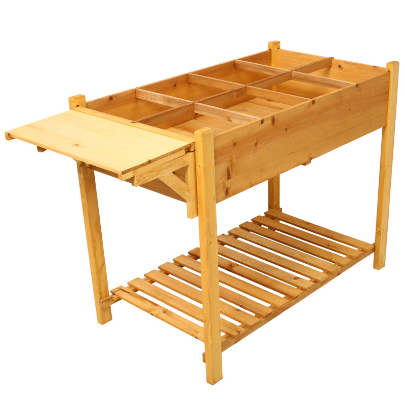 Natural Wood Elevated Garden Bed with Foldable Side Table