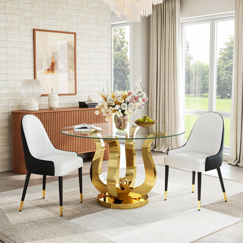 3-Piece Dining Table Set, 47" Round Tempered Glass Table, Sculptural Stainless Steel Base & 2 Upholstered Faux Leather Chairs