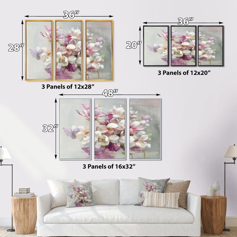 Fleurs de magnolia roses - ensemble d'art mural encadré sur toile Shabby Elegance, ensemble de 3, H 28 po x l 36 po x P 1 po