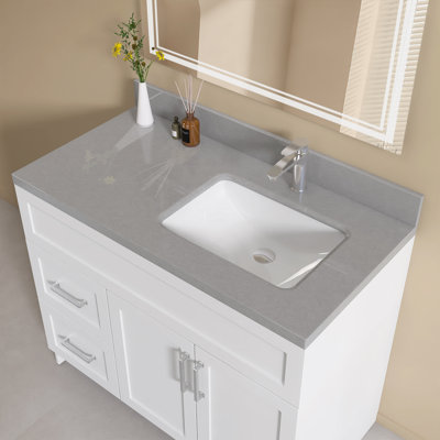 42" x 22" Engineered Stone Vanity Top with Right Sink Solid Surface Faux Stone Bathroom Countertop with 4 inch Backsplash for Mordern Bathroom in Gray Speckled Marble 