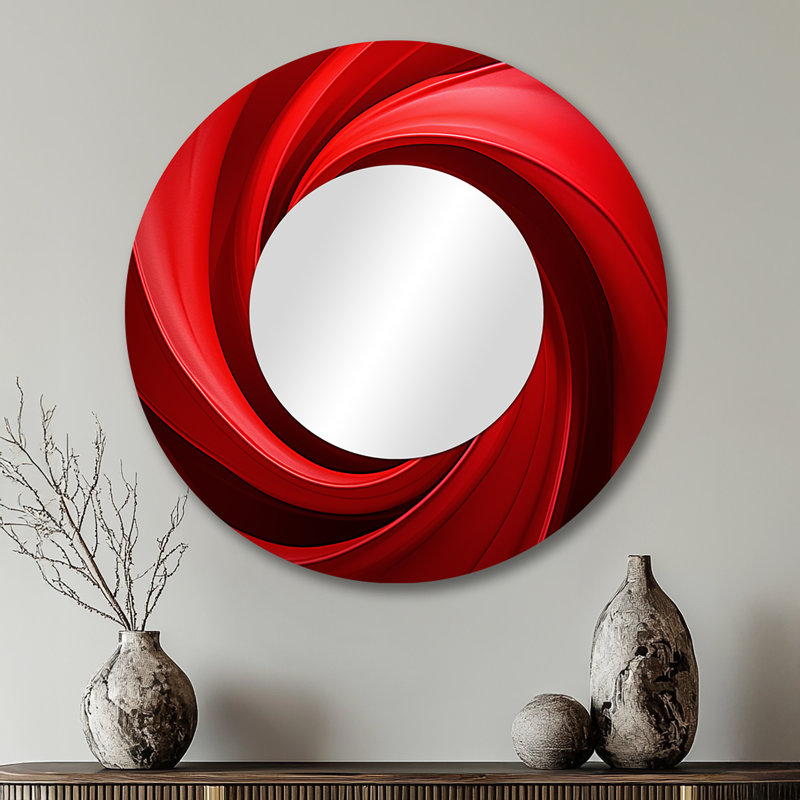 Red Perpetual Pulse Vortex - miroir spirales abstraites, miroir mural rond rouge unique, impression sur métal, 29 po x 29 po