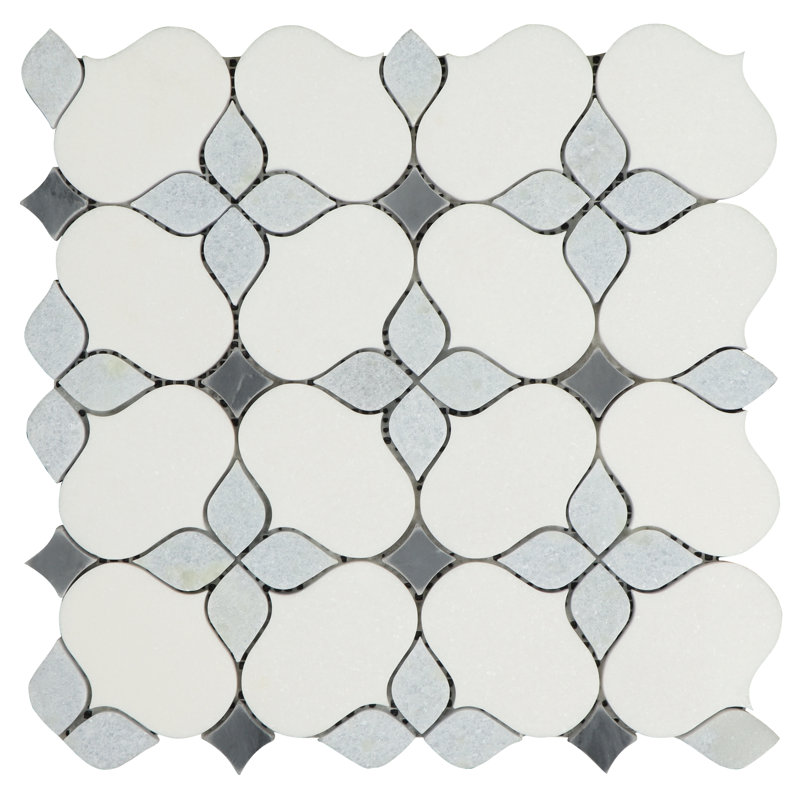 Water Jet 6" x 6" Marble Novelty Mosaic Wall & Floor Tile, Thassos White/Blue Celeste/Bardiglio
