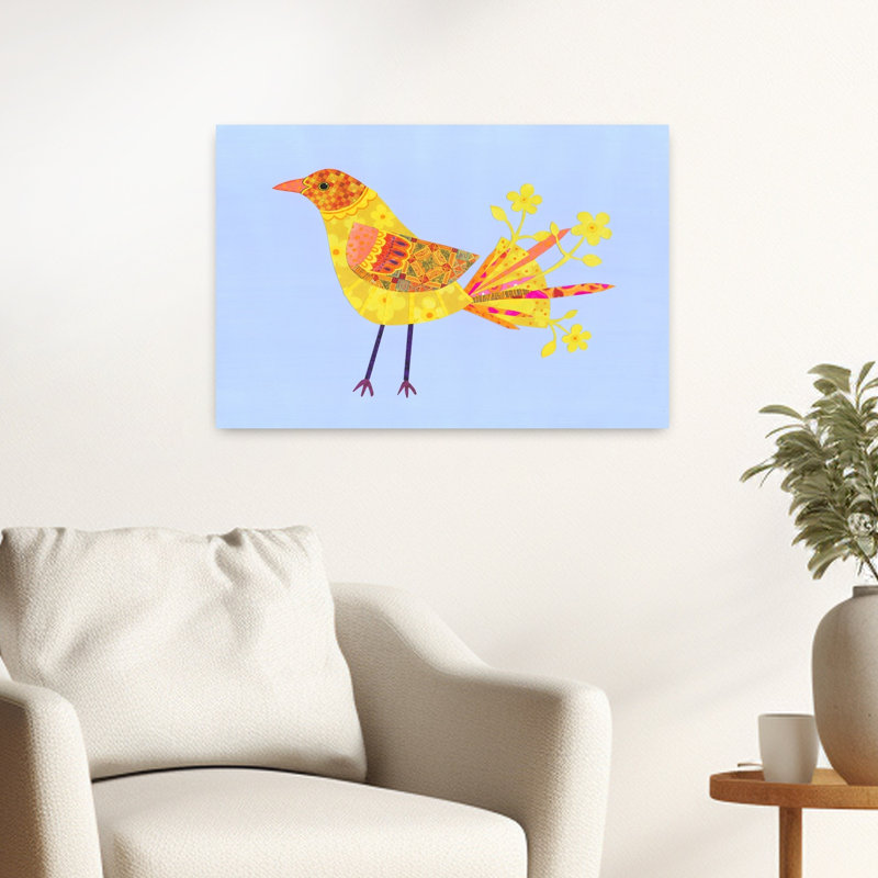 «Whimsical Yellow Bird Colorful Vibrant Whimsical Bird Flower Nature», reproduction d'art murale, 16" H x 24" W