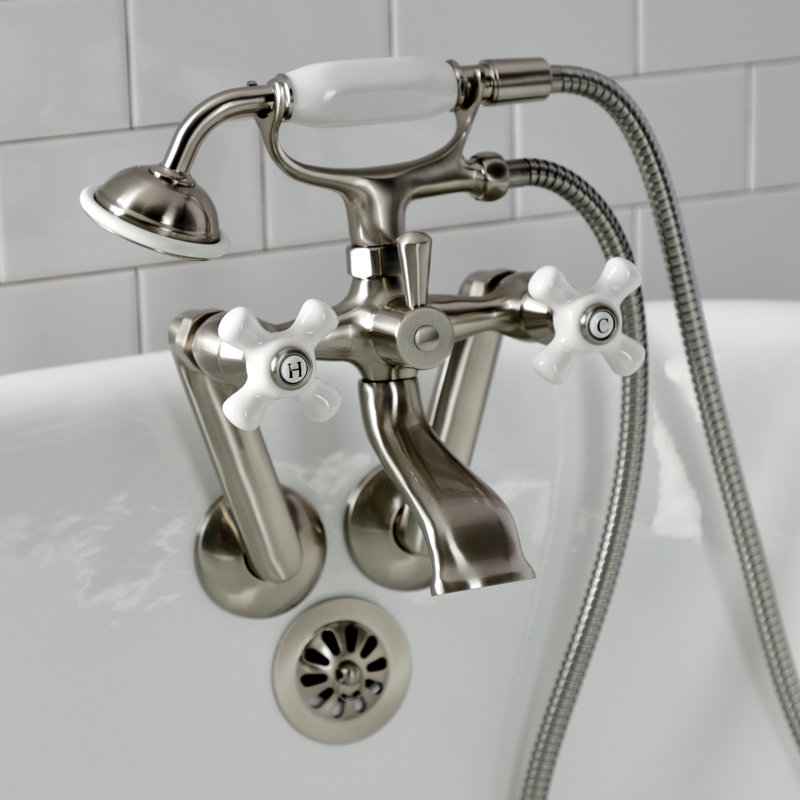 Kingston Brass Kingston Three-Handle 2-Hole Tub Wall Mount Clawfoot Tub Faucet with Hand Shower, Brushed Nickel