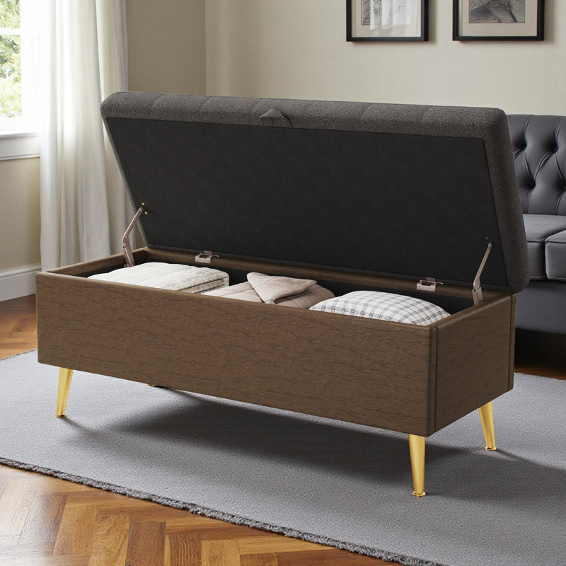 Upholstered Storage Bench With Gold Metal Legs, Gray