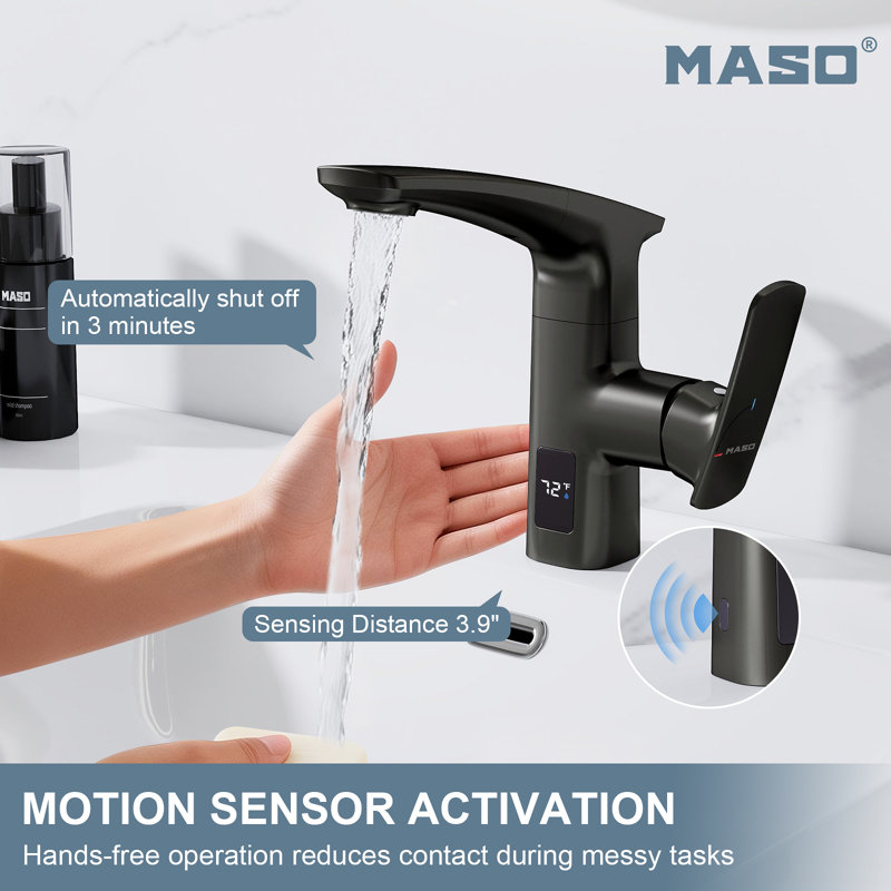 MASO Touchless Pull-Down Bathroom Sink Faucet, 2 Spray Modes, Temperature Display (°F), Motion Sensor, 360° Swivel, Single Handle, 1 or 3 Hole, Deck Plate, Vanity, Laundry & Bar,   Brushed Gray