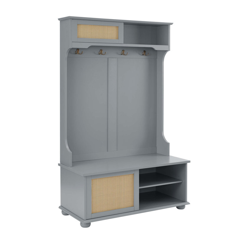 Gray MDF and Rattan Hall Tree with Storage Bench