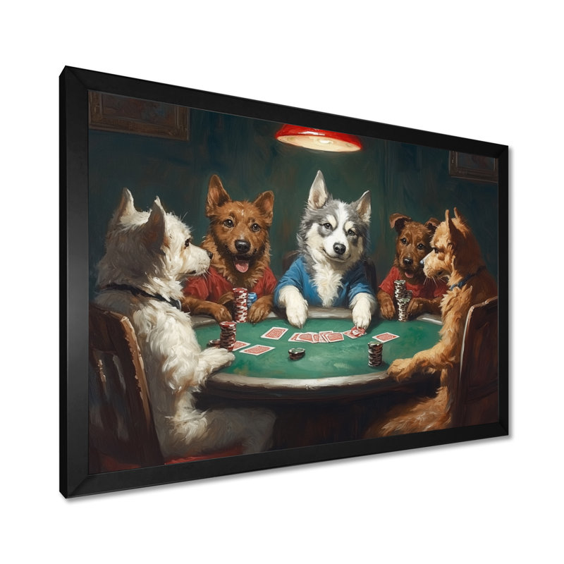 Chiens, jeu de poker - impression sur toile, animaux blancs, H 34 po x l 44 po, Cadre photo unique, Noir