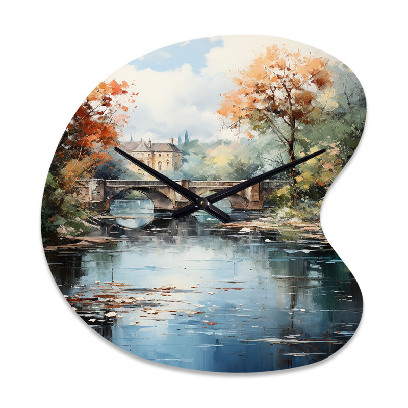 «Beige Bridge Impressionist Waterscape An - Bridges», horloge murale asymétrique en métal, Grand