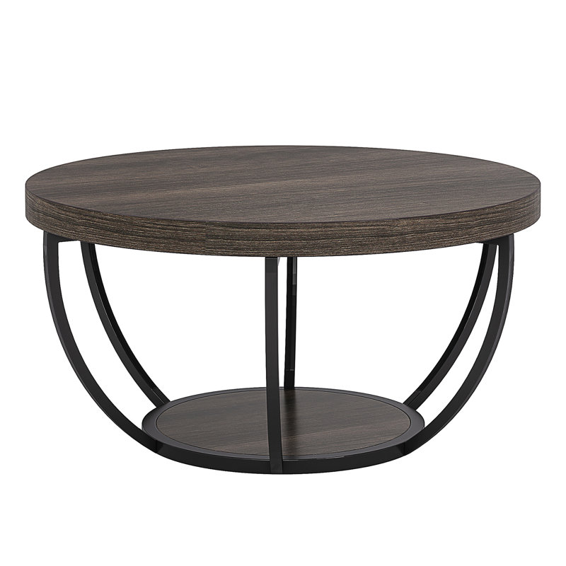 Table basse en bois, table basse ronde à 2 niveaux avec tablettes, Gris / Noir, Gris