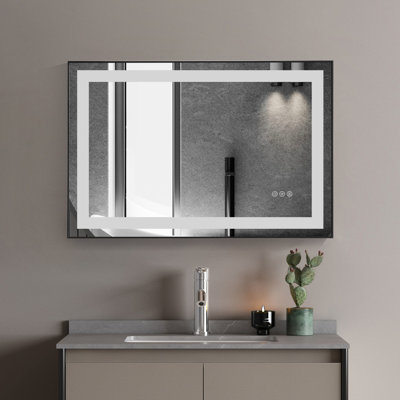 Miroir de salle de bain multifonctionnel à cadre noir en aluminium noir, miroir de meuble-lavabo lumineux mural