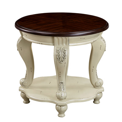 22" Solid Wood Living Room Table With Shelf, Beige And Color, Easy Assembly, Heat- Veneer, Safe Rounded Corners Design Round Side Table, Shelf For Area, Protected