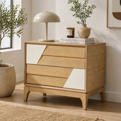 Table de chevet moderne à 2 tiroirs avec motif géométrique bicolore, table de chevet de style japonais avec patchwork en angle, table de bout blanc naturel et crème pour la chambre à coucher, le salon, les pieds fuselés massifs