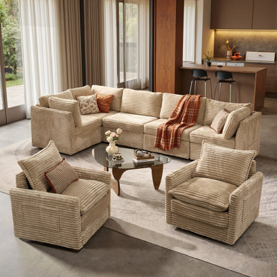 Ensemble de canapé modulaire en L 7 pièces avec fauteuils pivotants en velours côtelé Hogle
