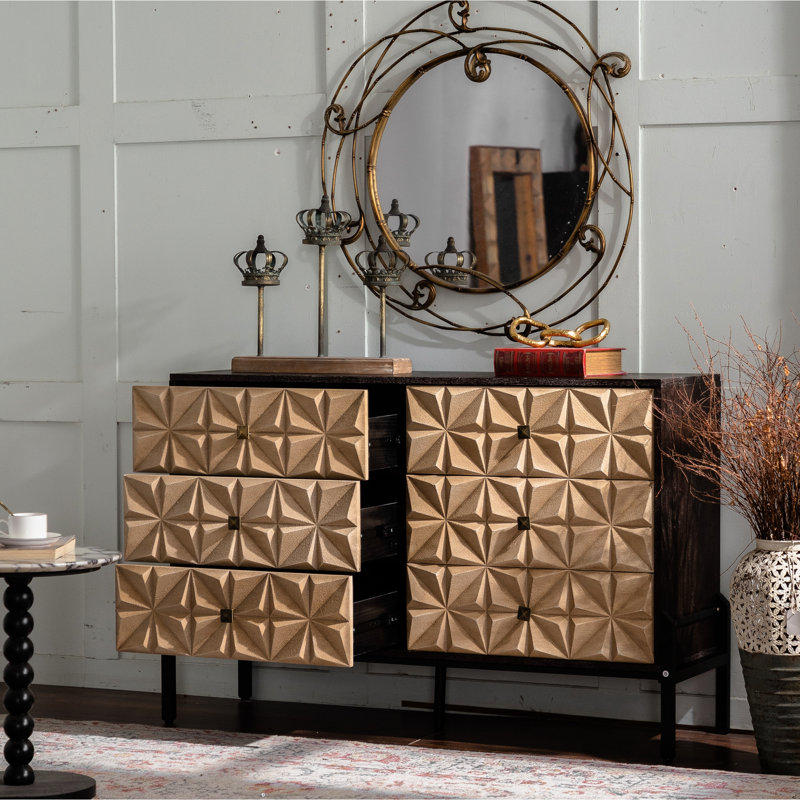 Buffet de console de style moderne du milieu du siècle, 126 cm (49,52 po), 6 tiroirs, motif de losange géométrique 3D, pieds en métal noir.