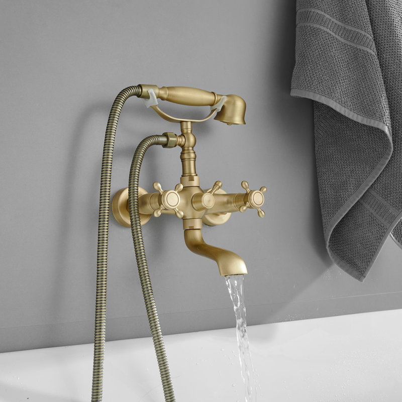 Robinet de baignoire à pattes rétro à 3 poignées avec douche à main en forme de téléphone et robinet à main, Laiton antique