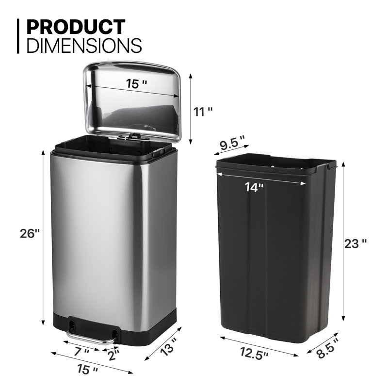 Silver 40L Stainless Steel Rectangular Step Trash Can