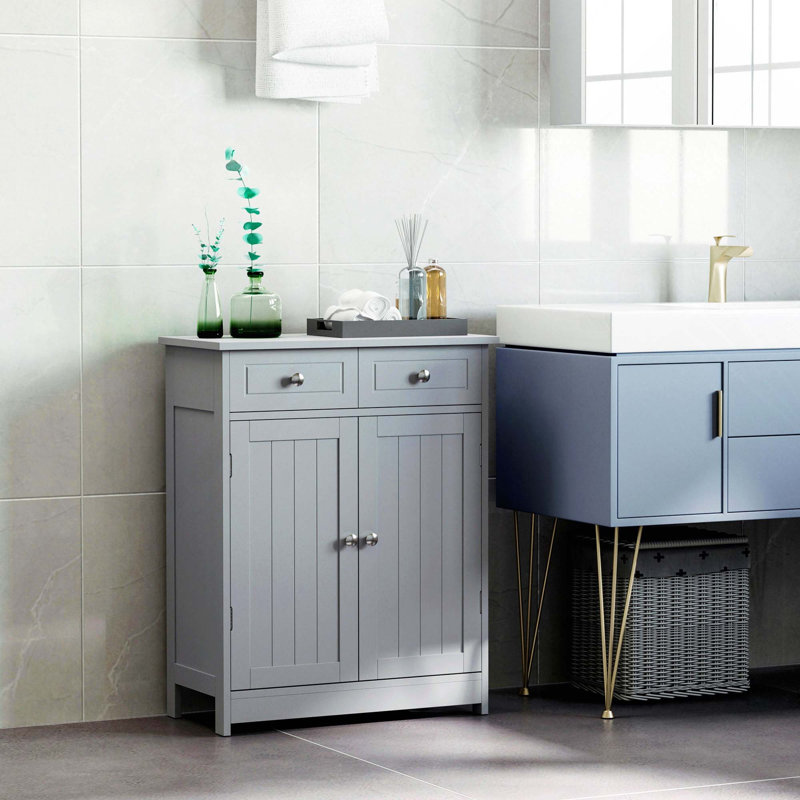 Armoire de plancher de salle de bain autoportante en bois avec 2 portes, 2 tiroirs et tablette réglable