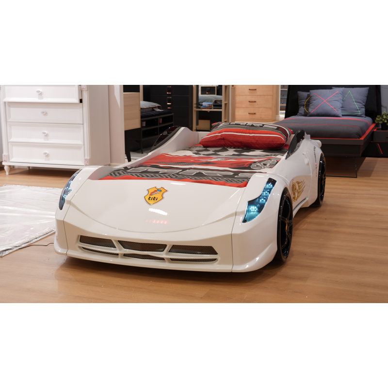 Aadyanth Twin Race Car Bed, Remote Control, LED Lights, Sound FX, Rear Seat, White