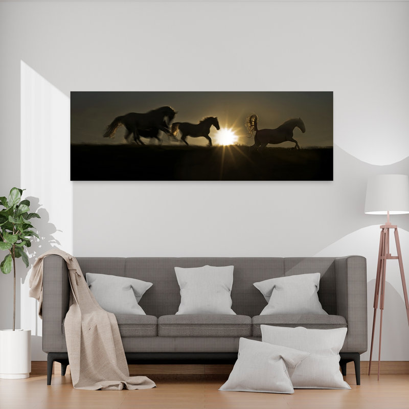 Galloping Horses Sunset by Milan Malovrh - Wrapped Canvas Panoramic Print, 50.8 cm H x 152.4 cm W