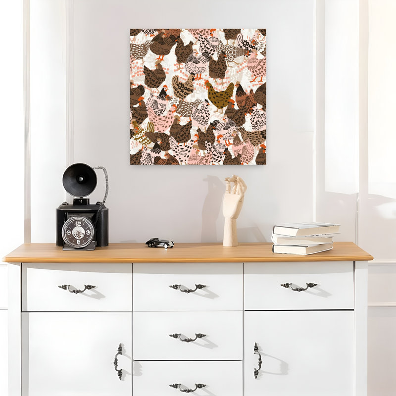 «Busy Chicken Flock Classic Rustic Vintage Bird Landscape Nature», art mural, H 18 po x l 18 po