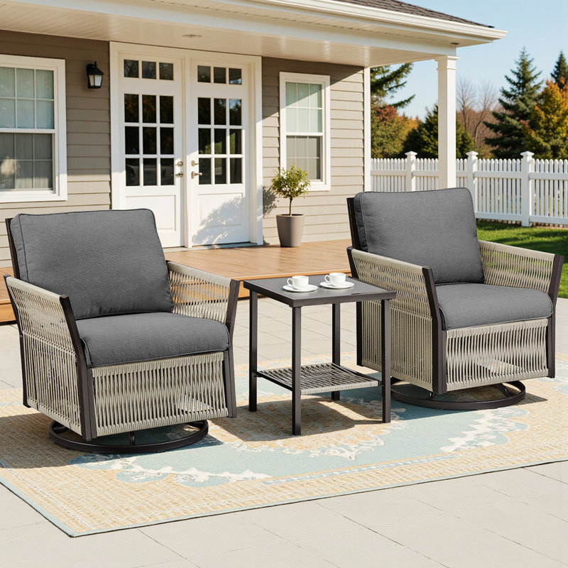 2 chaises d'extérieur pivotantes avec une table d'appoint, 3 chaises pour le porche, la piscine, la terrasse et la cour, Gris