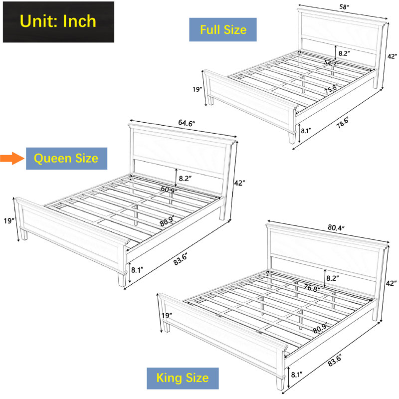 Bed Frame Platform with Headboard, Queen, Charcoal Black