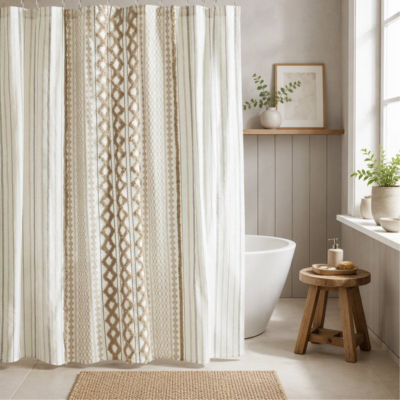 Rideau de douche imprimé en coton 72x72" (1 pièce) avec chenille, H 72 po x l 72 po, Natural Multi Geometric