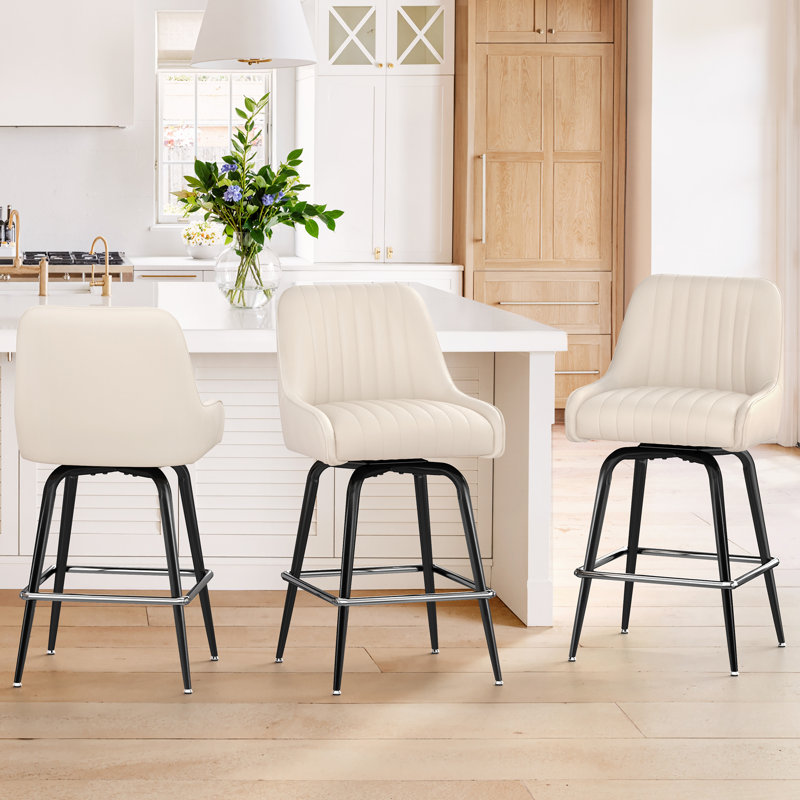 Modern Swivel Counter Height Bar Stools | Premium Faux Leather with 96° Recline, Outer Footrest, Heavy-Duty Stools for Kitchen Island & Home Bar, Scratch & Noise-Free Base