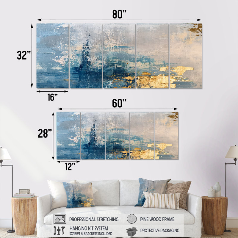 Tender Gold On Grunge Blue - Abstract Wall Art Decor Set 5 Piece, H 28 po x l 60 po