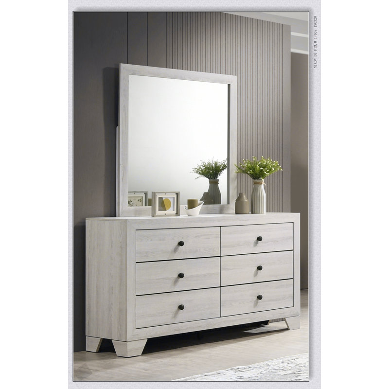 Commode de rangement rustique en bois à six tiroirs avec finition blanche délavée, parfaite pour les chambres à coucher organisées et élégantes