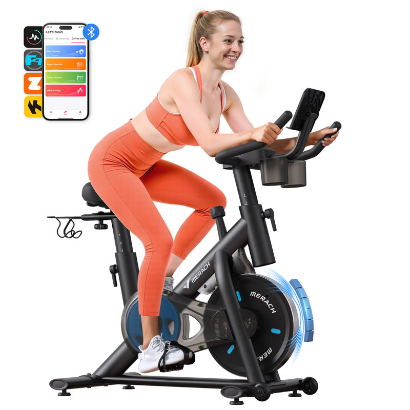 Vélo d'intérieur MERACH, capacité de 300 lb, résistance magnétique silencieuse avec application gratuite et support pour tablette