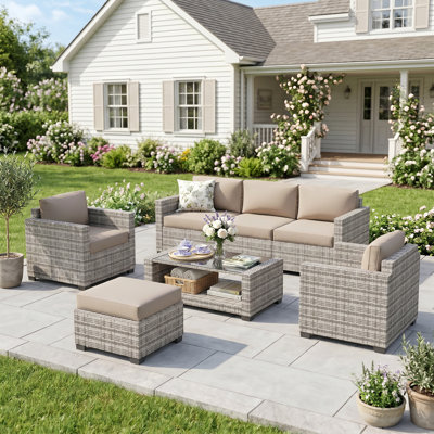 7 Piece Wicker Outdoor Patio Conversation Furniture Set with Cushions and Coffee Table