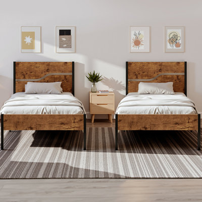 Rumaldo Set of 2 Bed Frame, 2 Pack Twin Size Platform Bed Frame with Wood Headboard, Rustic Farmhouse Industrial Style for Kids, Guest Rooms & Apartments, No Box Spring Needed