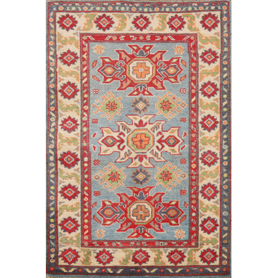 Tapis bleu clair clair fait à la main Kazak 3 x 4