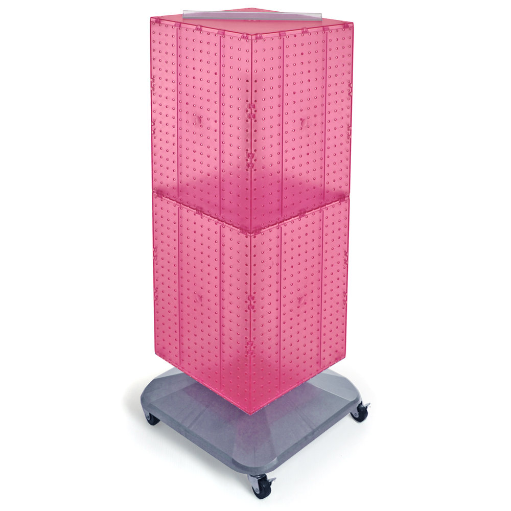 Four-Sided Pegboard Tower Floor Display on Revolving Wheeled Base. Spinner Rack Stand. Panel 