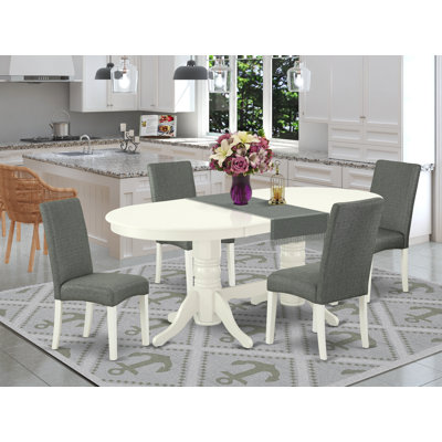 5 Piece Dinette Set Includes an Oval Dining Room Table with Butterfly Leaf and 4 Gray Linen Fabric Upholstered Parson Chairs, Linen White